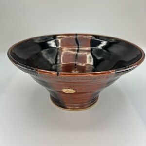 Artist Stamped Pottery Bowl Black Brown Drip Glaze Asian Inspired Handmade